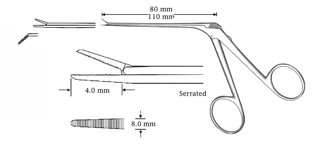 Micro pinza para oído, izquierda, dentada - longitud = 110 mm