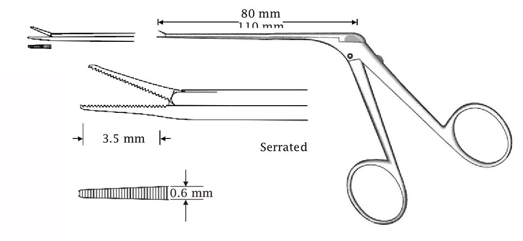 Micro pinza para oído Mini-McGee, recta, estriada - longitud = 80 mm.  Boca 3,5 mm x 0,6 mm.