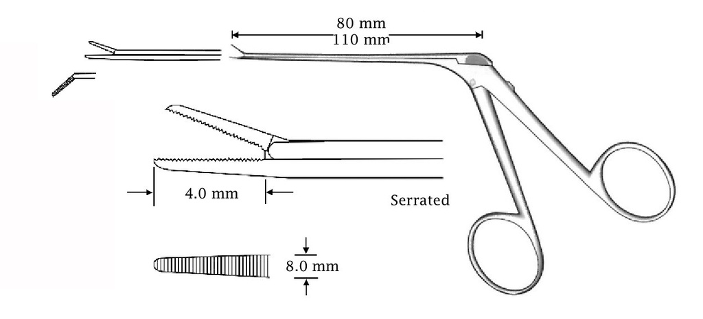 Micro pinza para oído, izquierda, dentada - longitud = 80 mm