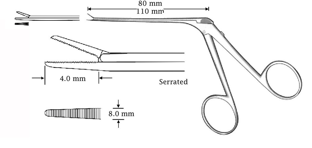 Micro pinza para oído, recta, dentada - longitud = 80 mm