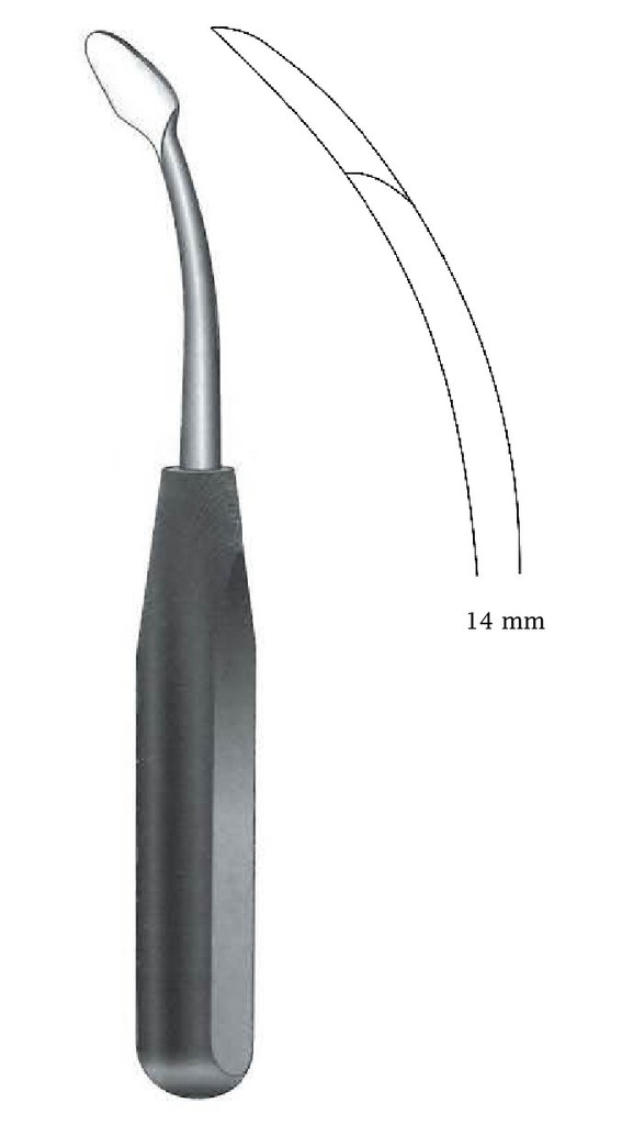Elevador para periostio con mango de ferrozell, 14 mm de ancho, curva