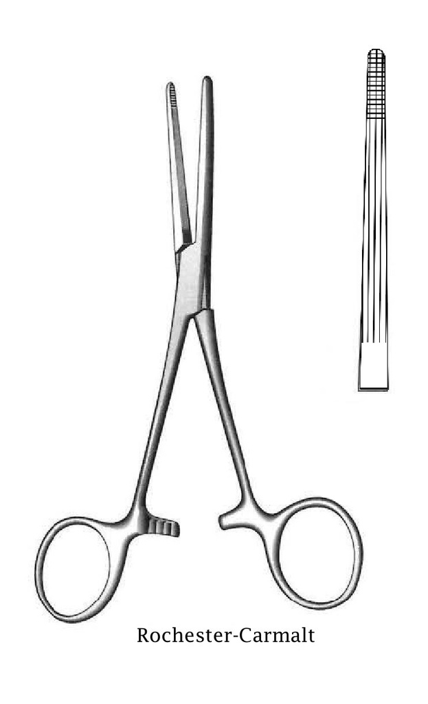 Rochester-Carmalt artery clamp, straight-length = 16 cm / 6-1 / 4 "