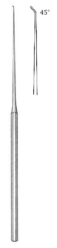 Micro hook for ear - tip = 2.0 mm, angle = 45 °, exploration hook, declared