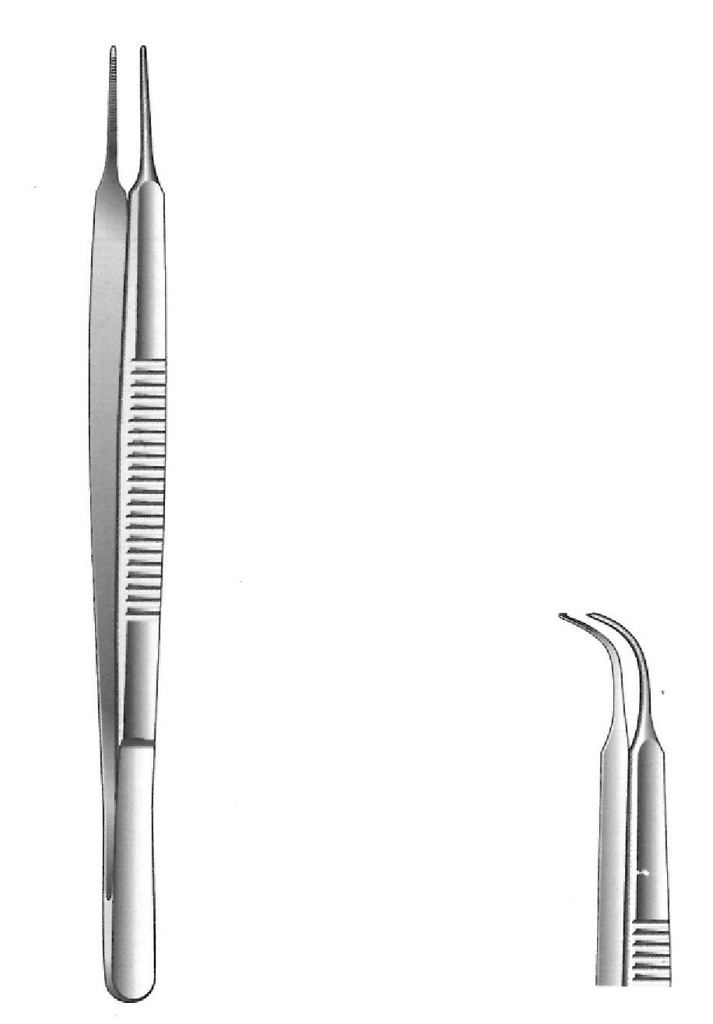 Pinza para iris de Stevens, curva fuerte, dientes = 1:2 - longitud = 10.5 cm / 4-1/4"