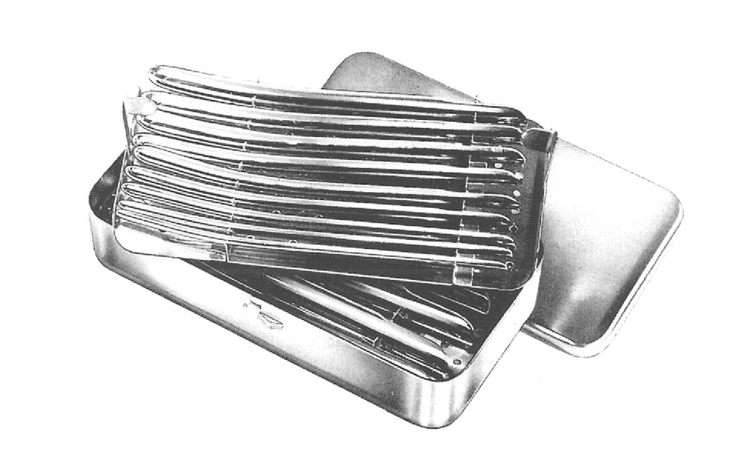 Game of 14 hegar uterine dilators with inclined handle, brass, 4 mm at 17 mm.