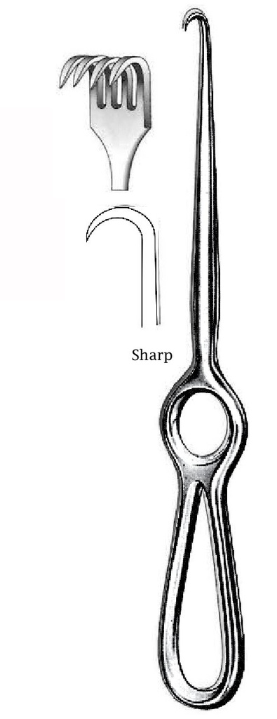 Retractor de Volkmann, 4 puntas, afilada - longitud = 21.5 cm / 8 -1/2"