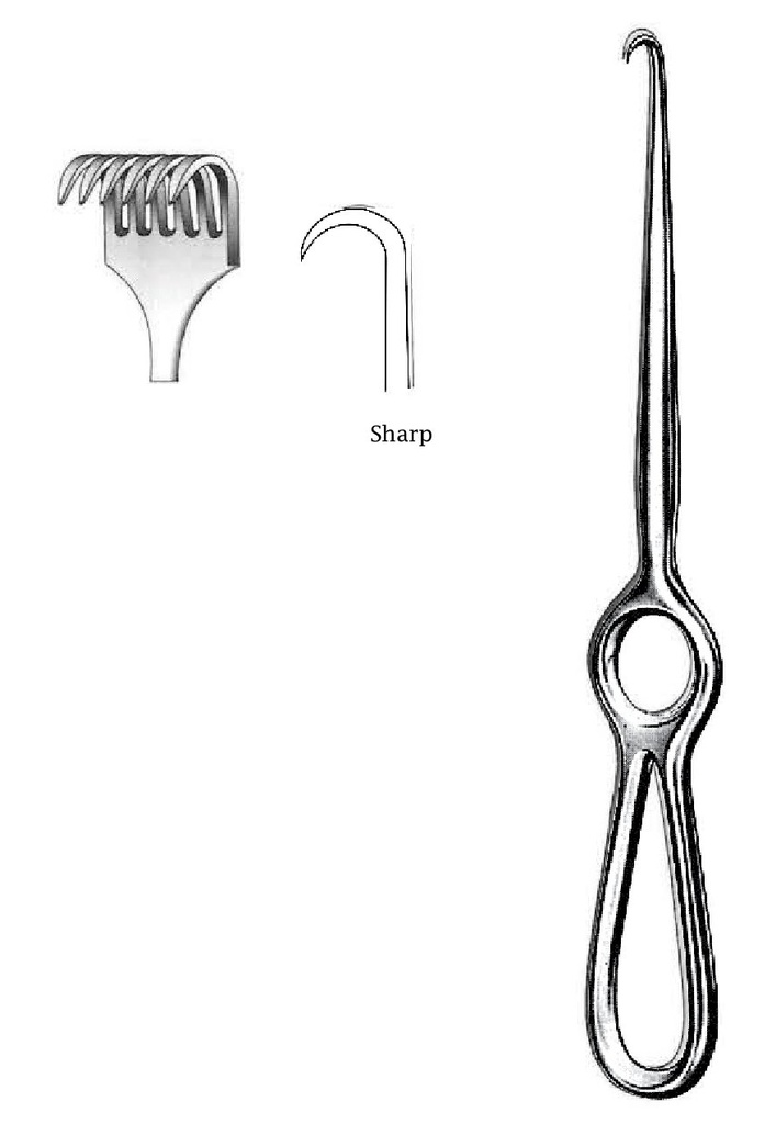 Retractor de Volkmann, 6 puntas, afilada - longitud = 21.5 cm / 8 -1/2"