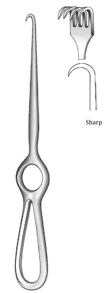 Retractor de Volkmann, 4 puntas, afilada - longitud = 23 cm / 9"
