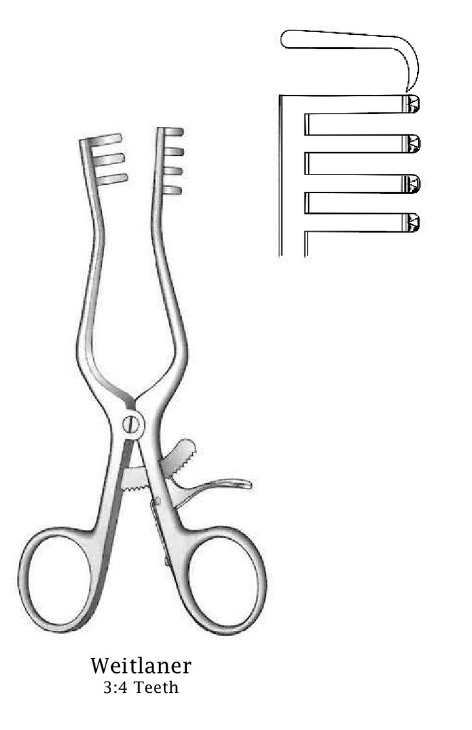 Retractor de Weitlaner, afilado, dientes de 3:4 - longitud = 20 cm / 8"