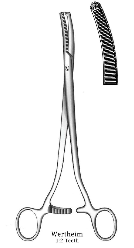 Pinza para histerectomía de Wertheim con tornillo, dientes = 1:2, ligeramente curvados