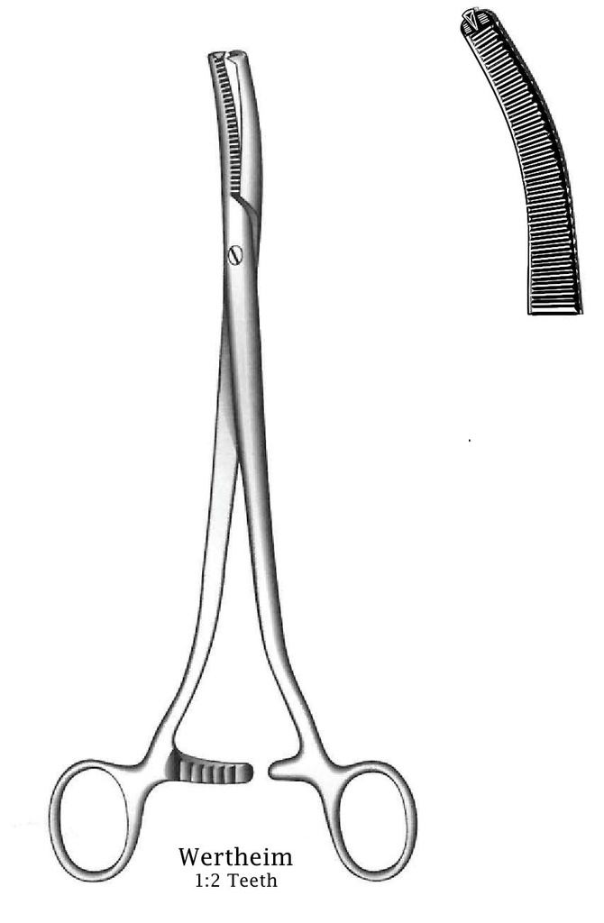 Wertheim hysterectomy clamp with screw, teeth = 1: 2, strongly curved