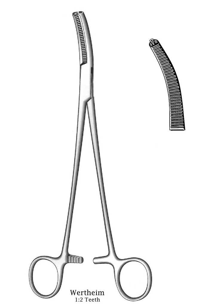 Pinza para histerectomía de Wertheim, dientes = 1:2, fuertemente curvados