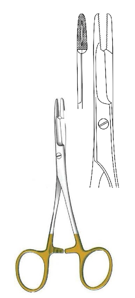 Porta agujas Olsen-Hegar premium con orificio, TC Gold - longitud = 14 cm / 5-1/2"