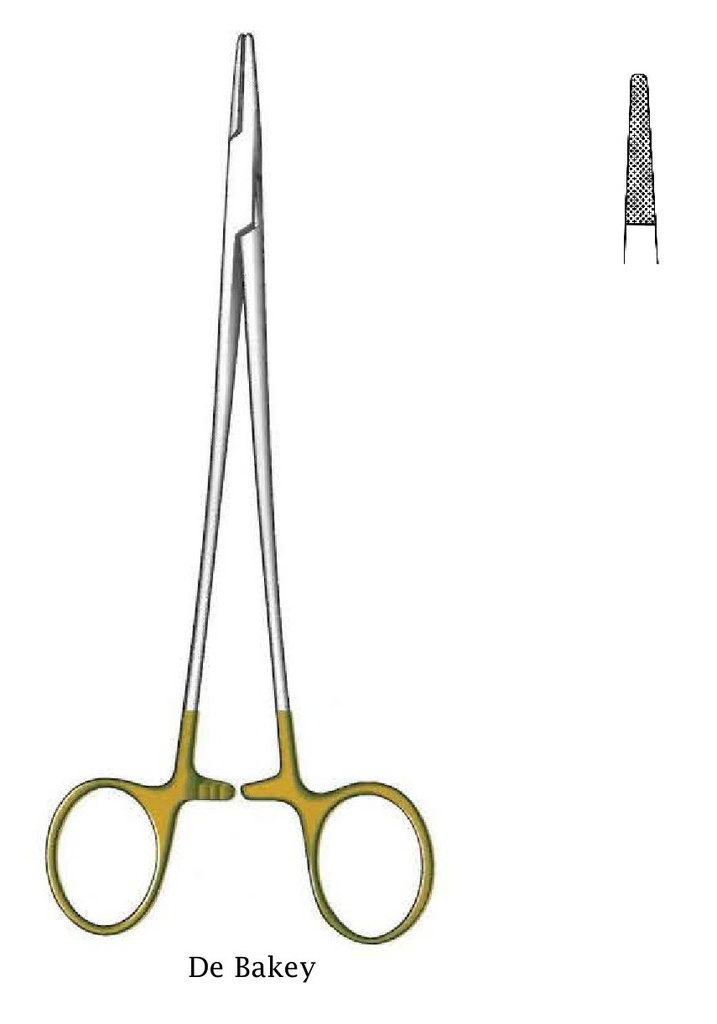 Porta agujas De Bakey premium, dentado = 0.4 mm, mini perfil, TC Gold - longitud = 18 cm / 7"