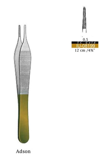 [IU-08199P] Adson Premium 1x2 teeth dissection clamp - length = 12 cm / 4-3 / 4 ", Gold TC