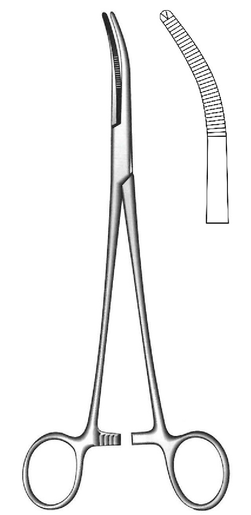 Pinza hemostática Toennis premium, curva, dientes = 1:2 - longitud = 26 cm / 10-1/4"