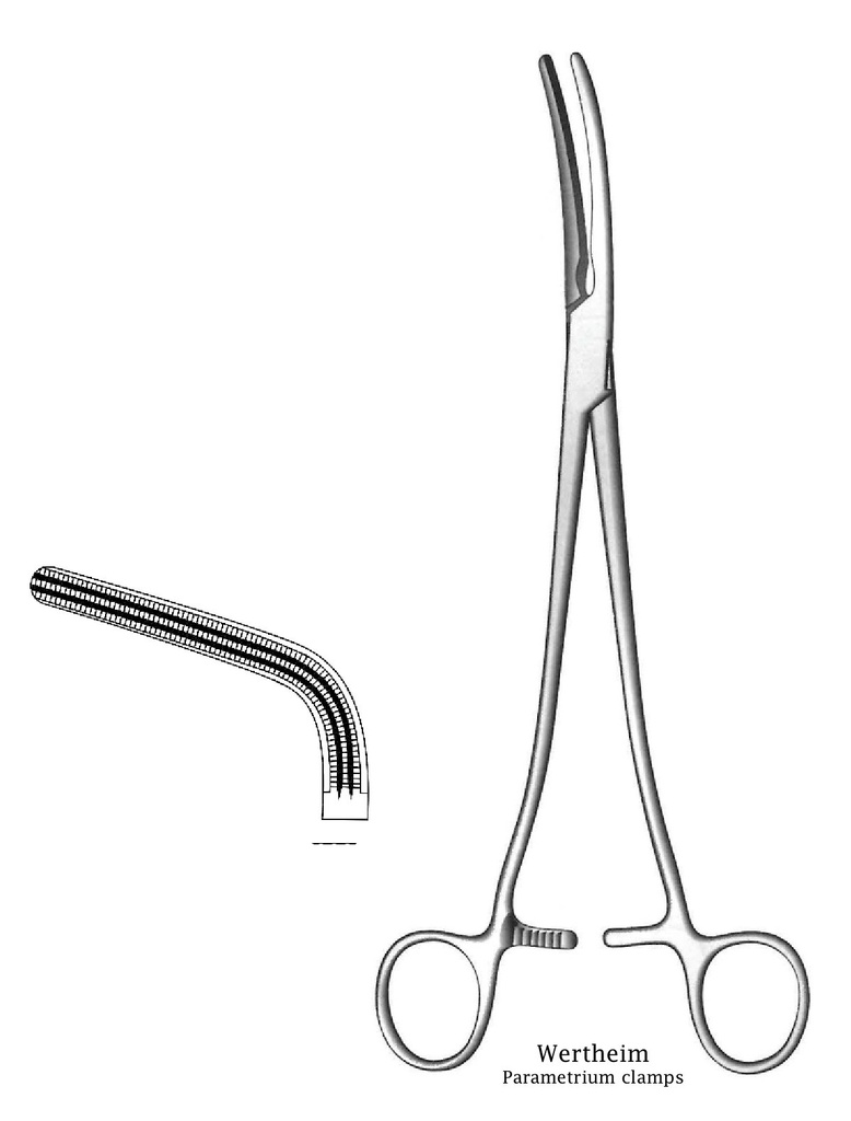 Wertheim Premium hysterectomy clamp, angled jaws