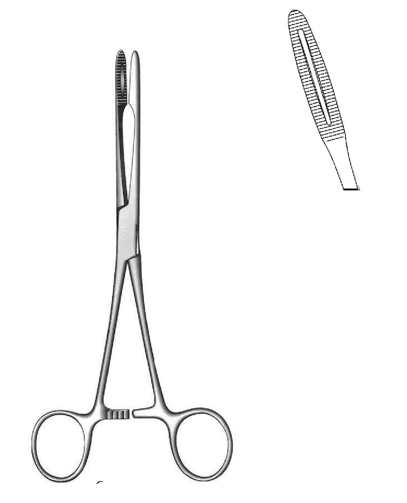 Pinza para apósito Gross-Maier premium con trinquete, curva - longitud = 25 cm / 10"