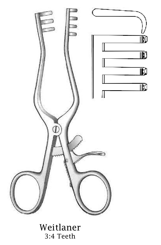 Retractor de Weitlaner premium, desafilado, dientes de 3:4 - longitud = 14 cm / 5-1/2"