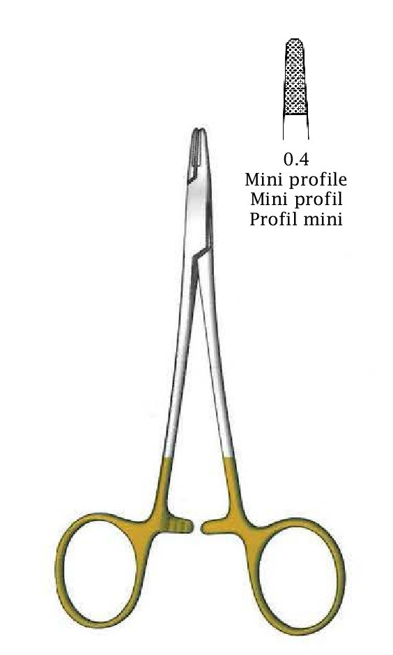 Porta agujas Derf premium, dentado = 0.4 mm, mini perfil, TC Gold - longitud = 12 cm / 4-3/4"