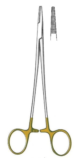 [IU-08642P] Porta agujas De Bakey premium, dentado = 0.4 mm, mini perfil, TC Gold - longitud = 20 cm / 8"
