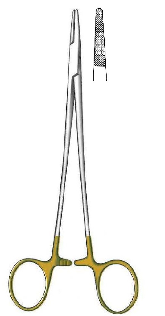 Porta agujas De Bakey premium, dentado = 0.4 mm, mini perfil, TC Gold - longitud = 31 cm / 12-1/4"