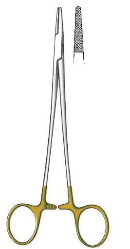 [IU-08645P] Porta agujas De Bakey premium, dentado = 0.4 mm, mini perfil, TC Gold - longitud = 31 cm / 12-1/4"