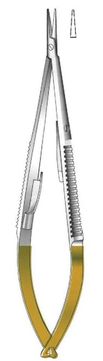 [IU-08706P] Porta agujas Castroviejo premium con bloqueo, punta lisa, recta, TC Gold - longitud = 14 cm / 5-1/2"