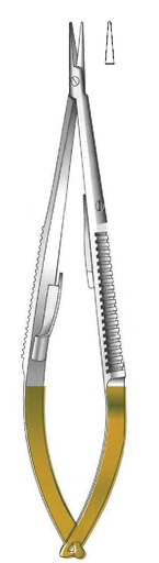 [IU-08736P] Porta agujas Castroviejo premium con bloqueo, punta lisa, recta, TC Gold - longitud = 21 cm / 8-1/2"