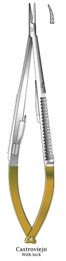 [IU-08740P] Porta agujas Castroviejo premium con bloqueo, dentado, curva, TC Gold - longitud = 14 cm / 5-1/2"
