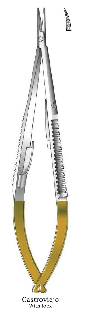 Porta agujas Castroviejo premium con bloqueo, dentado, curva, TC Gold - longitud = 18 cm / 7"
