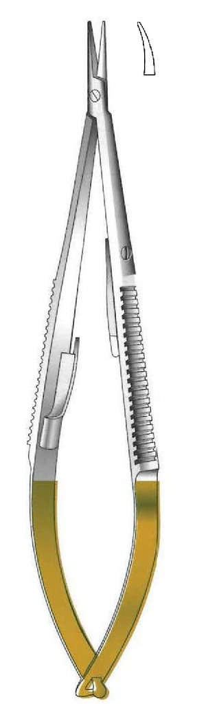 Porta agujas Castroviejo premium con bloqueo, punta lisa, curva, TC Gold - longitud = 21 cm / 8-1/2"