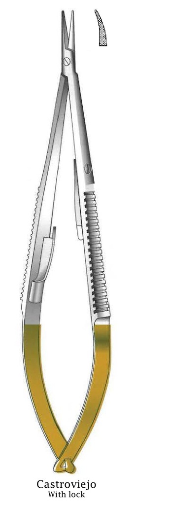 Porta agujas Castroviejo premium con bloqueo, dentado, curva, TC Gold - longitud = 21 cm / 8-1/2"
