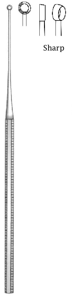 Cureta de oído Buck premium, afilada, figura 2 - longitud = 16.5 cm / 6-1/2"