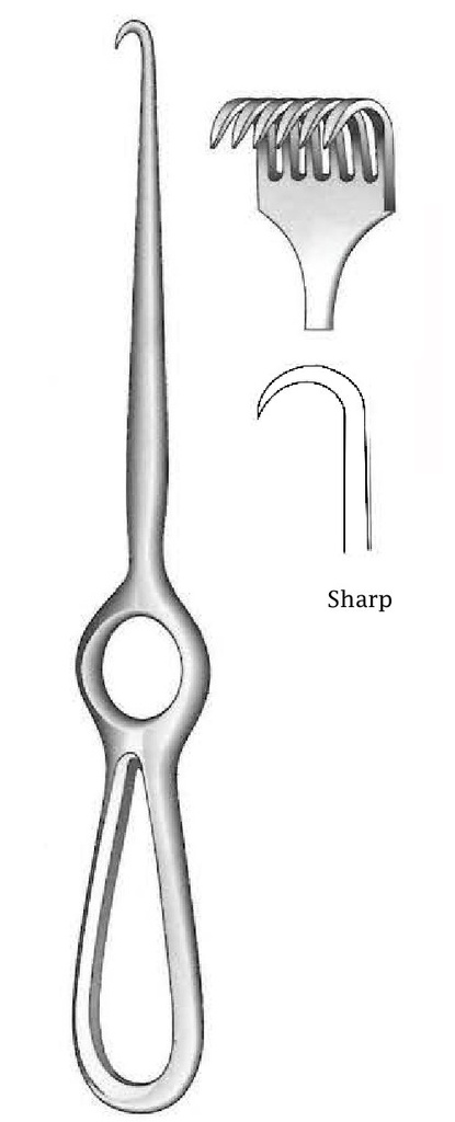Retractor de Volkmann premium, 6 puntas, afilada - longitud = 23 cm / 9"