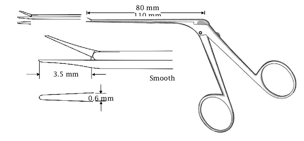Mini-McGee micro ear forceps, straight, smooth - length = 80 mm . Mouth 3.5 mm x 0.6 mm.