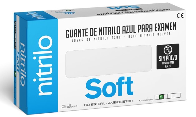 Guantes de Nitrilo Azul para Examen sin Polvo de Soft, Tallas XS a XL - Caja de 100 Unidades