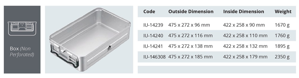 Base de Contenedor para Esterilización de Modelo Estándar - No Perforado de Tamaño Tres Cuartos 3/4 - 475 x 272 x H mm