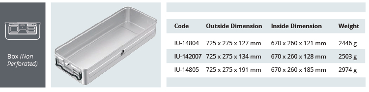 Container base for standard model sterilization - Non -drilled long size - 725 x 275 x h mm