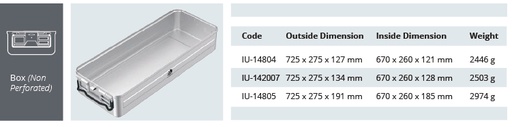 [IU-14804] Base de Contenidor per a Esterilització de Model Estàndard - No Perforat de Mida Extra Llarga - 725 x 275 x H mm (127 mm)