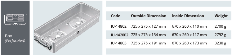 Container base for standard model sterilization - drilled long size - 725 x 275 x hm mm