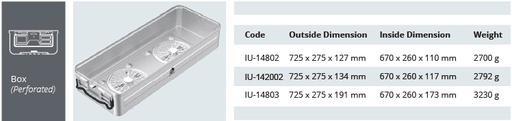 [IU-14802] Container base for standard model sterilization - drilled long size - 725 x 275 x hm mm (127 mm)