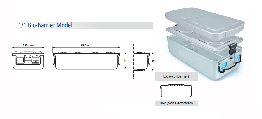 Contenedor para Esterilización No Perforado de Modelo Estándar 1/1 y Tapa con Barrera - 600 x 285 x H mm