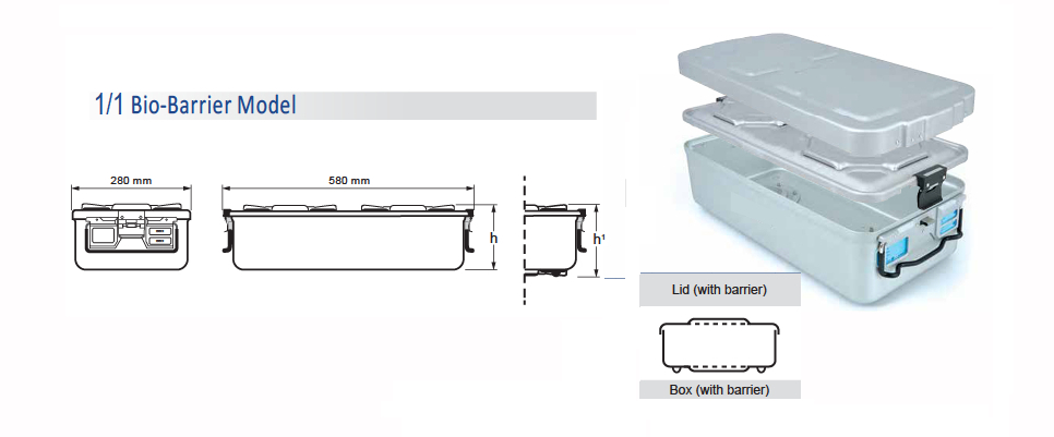 Contenedor para Esterilización de Modelo Barrera Biológica 1/1 y Tapa con Barrera - 600 x 285 x H mm
