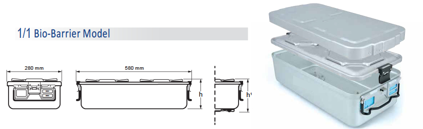 Contenedor para Esterilización No Perforado de Modelo Estándar 1/1 y Tapa de Seguridad con Barrera - 605 x 290 x H mm