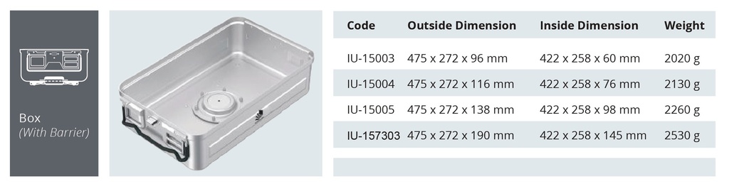 Container base for sterilization of biological barrier model three quarters 3/4 - 475 x 272 x h mm
