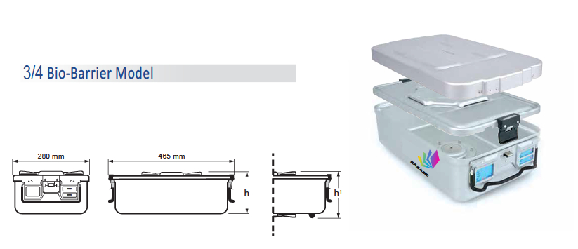 Contenedor para Esterilización de Modelo Barrera Biológica 3/4 y Tapa de Seguridad con Barrera - 480 x 290 x H mm