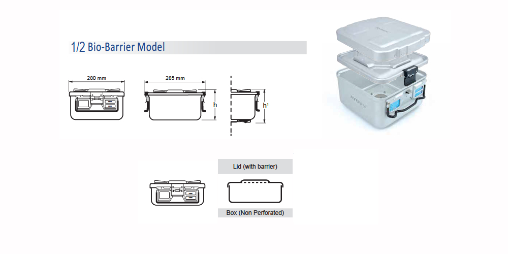 Contenedor para Esterilización No Perforado de Modelo Estándar 1/2 y Tapa con Barrera - 310 x 280 x H mm