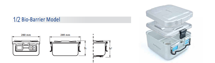 Contenedor para Esterilización No Perforado de Modelo Estándar 1/2 y Tapa de Seguridad con Barrera - 315 x 285 x H mm