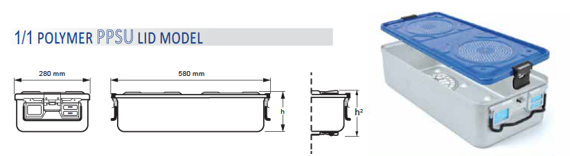 Contenedor para Esterilización No Perforado de Modelo Estándar 1/1 y Tapa Perforada de Modelo PPSU - 580 x 280 x H mm